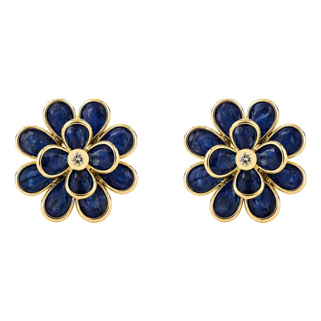 18k Yellow Gold Deep Blue Sapphire Floral CLuster Earrings With Diamonds- A Pair For Sale