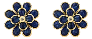 18k Yellow Gold Deep Blue Sapphire Floral CLuster Earrings With Diamonds- A Pair