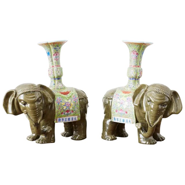 Chinese Jade Colored Porcelain Elephant Candlesticks - a Pair For Sale