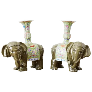 Chinese Jade Colored Porcelain Elephant Candlesticks - a Pair