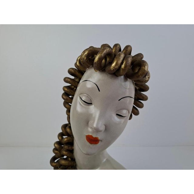 Art Deco Ceramic Bust of a Woman with Gilded Curled Hair, Czechoslovakia, 1930s For Sale - Image 3 of 18