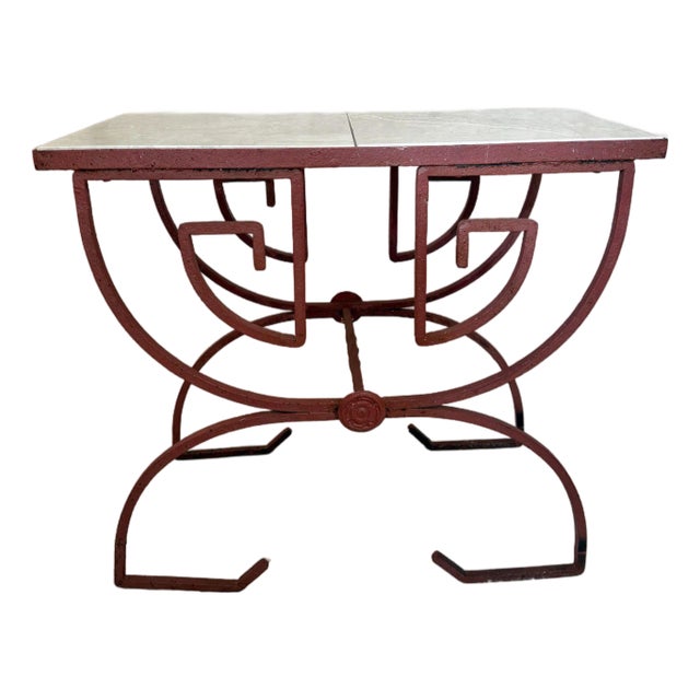 Vintage Mid-Century Art Deco Greek Key Wrought Iron & Tile Top Accent Table For Sale