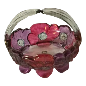 Vintage Westmoreland Glass Pink & Lavender Dogwood/Pansy Split Handle Basket
