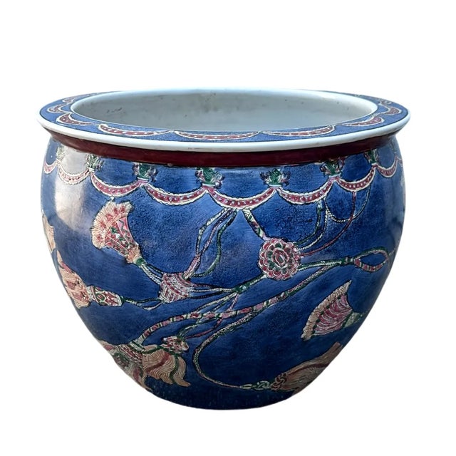 Vintage Chinoiserie Porcelain Fish Bowl in Blue w/Multi-colored Tassel Design Large vintage porcelain koi fish bowl in...