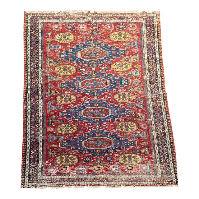 Antique 19th Century Worn Out Caucasian Kuba Soumak Area Rug For Sale