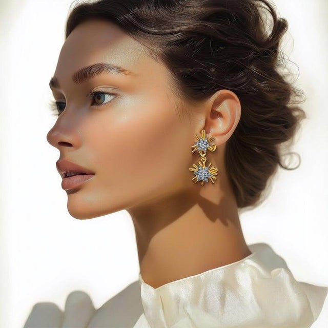 Gold Kenneth Jay Lane Designer Gold Swarovski Crystal Starburst Drop Post Earrings, A Pair For Sale - Image 8 of 11