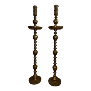 Monumental 49.5" Vintage Moroccan Brass Floor Candlesticks - A Pair For Sale