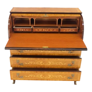 Italian Inlaid Satinwood Cylinder Top Secretary Desk Chest Drawers Dresser