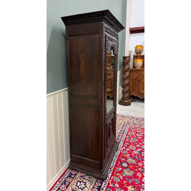 Antique French Breton Bookcase Armoire Linen Cab Wavy Glass Carved Chestnut 19th For Sale - Image 13 of 18