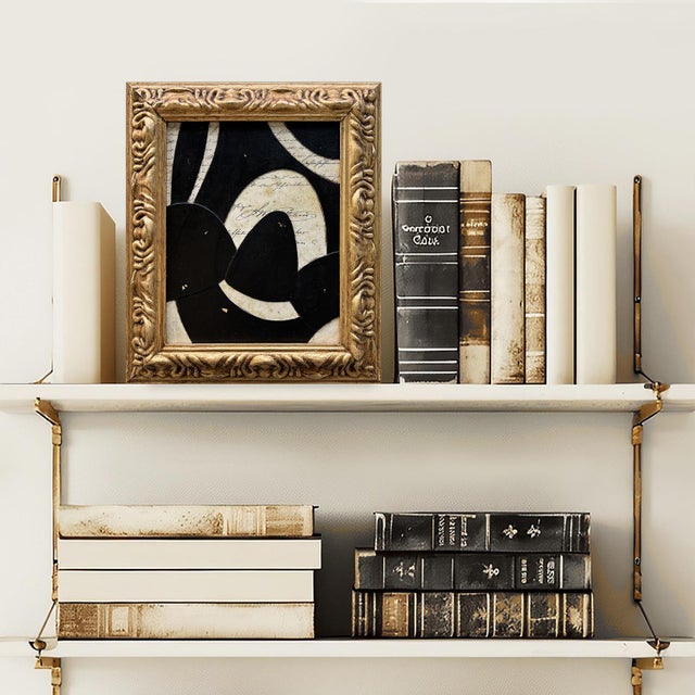 This is a simple bold paper collage in black and ivory set in a vintage gold frame. The collage is made from painted paper...
