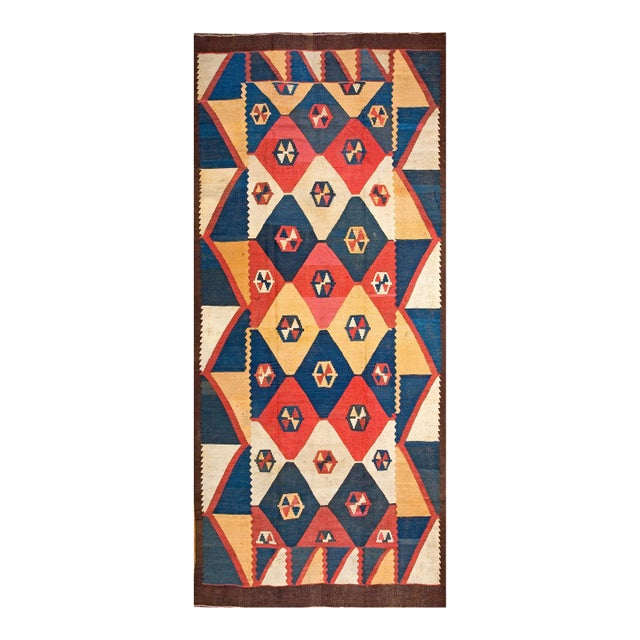 1920s Multicolor Geometric Kilim Antique Central Asian Tajik Rug Flat-Weave 6'8" X 15'8" Wool Carpet For Sale