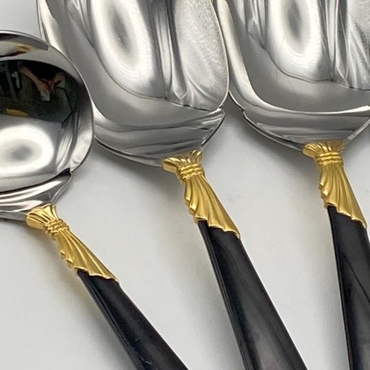 Art Deco Late 20th Century Yamazaki "Lindi" Gold Accent Black Handle Stainless Complete 7-Piece Hostess Set (Gerald Patrick 18/8) For Sale - Image 3 of 17