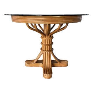 Faux Bamboo Rattan Pedestal Dining Table With Glass Top For Sale