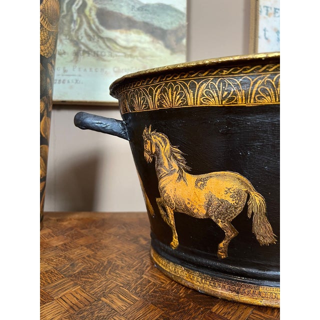 Black Antique English Planter Jardiniere Horse Equine Black Decoupage Tole Metal C1900 For Sale - Image 8 of 18