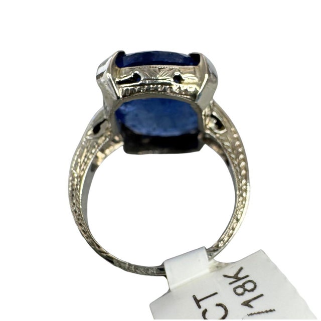 Early 21st Century 9.00 CTW Mid-Century No Heat Burmese Sapphire & Diamond 18k White Gold Ring, Size 7 For Sale - Image 5 of 8