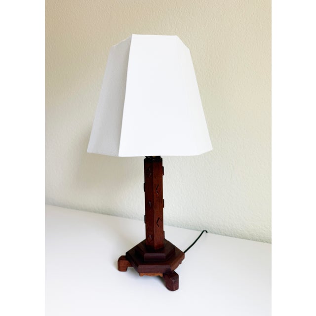 1940s Hexagonal Wood Table Lamp With Diamond Relief For Sale - Image 4 of 11