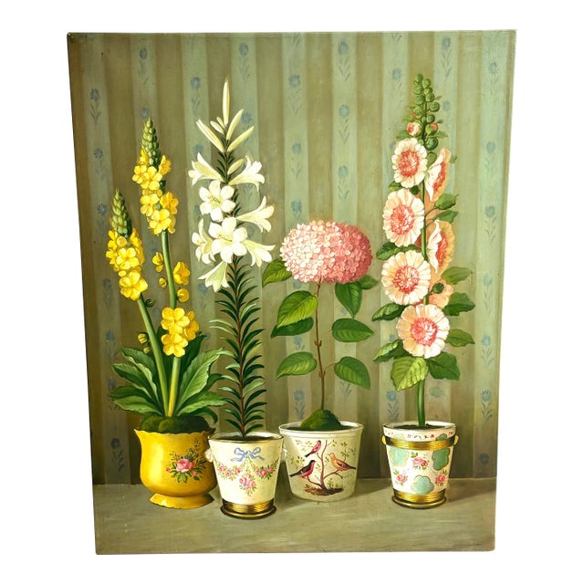 Vintage Floral Topiary Oil Painting on Canvas by Fabrice De Villeneuve For Sale