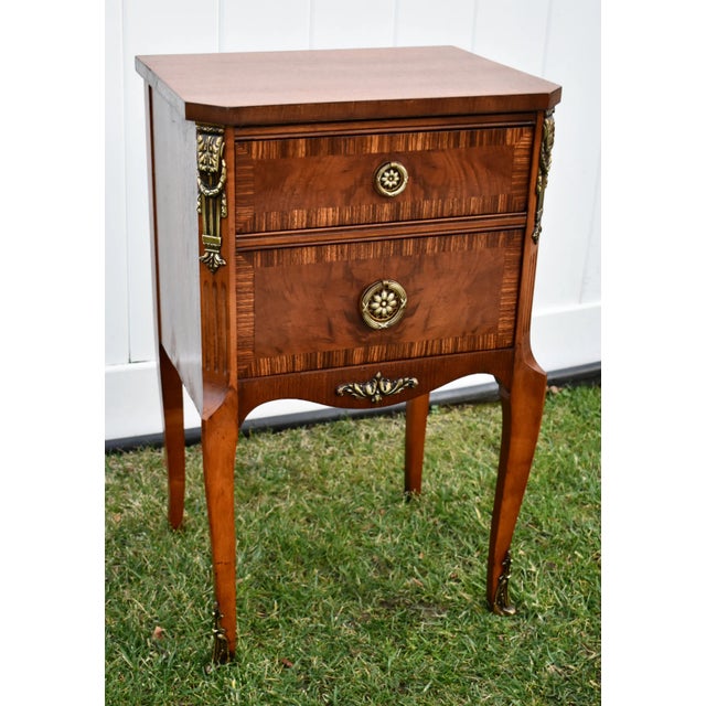 Wood Vintage Inlaid Walnut Two Drawer French Regency Style Nightstand/Chest For Sale - Image 7 of 12