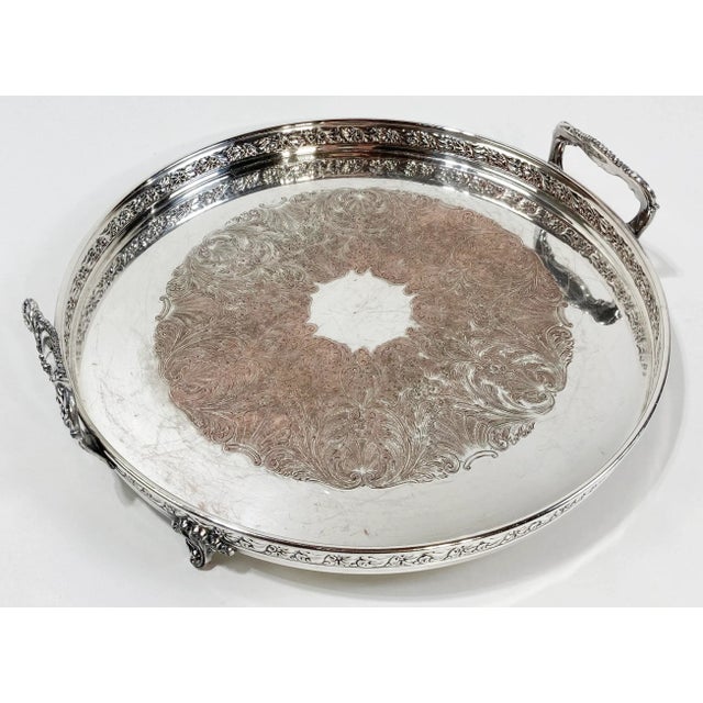 Vintage Footed Round Engraved Silver Plate Tray For Sale - Image 4 of 11