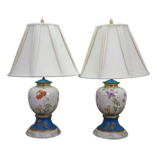 2 Antique French Floral Painted Butterfly Ginger Jar Mantel Urn Lamps Pair 34" For Sale