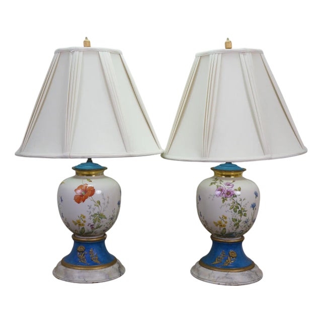 2 Antique French Floral Painted Butterfly Ginger Jar Mantel Urn Lamps Pair 34" For Sale