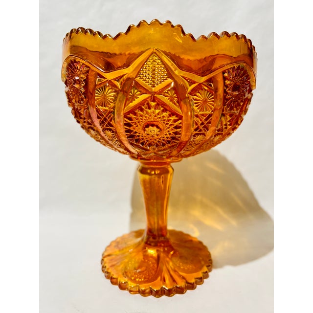 Vintage Fenton Carnival Glass Compote in Iridescent Amber 8" Tall For Sale - Image 9 of 9