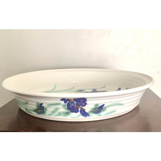 Purple Iris Decorated Large Vintage 12" Studio Ceramic Flat Bowl / Platter For Sale - Image 4 of 4
