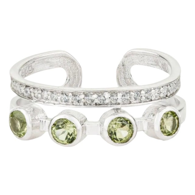 Sterling Silver August Birthstone Minimal Ring With Peridot & Zircon, Size 6.5 For Sale