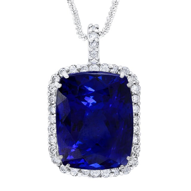 37.5 Carat Tanzanite Necklace & Diamond Pendant with Chain 14 Karat White Gold For Sale - Image 17 of 18