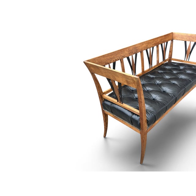Vintage Sculpted Wood Bench With Button-Tufted Black Leather Seat For Sale - Image 4 of 12