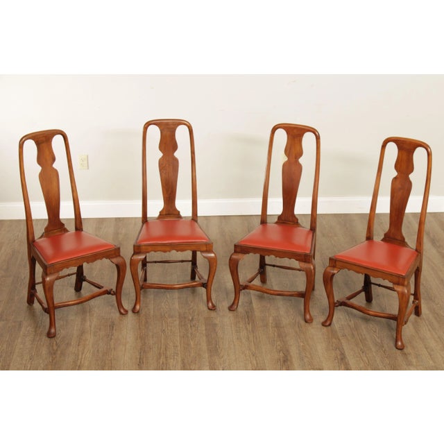 High Quality 18th C. Design Set of Four Solid Wood Carved Dining Chairs with Leatherette Upholstered Seats