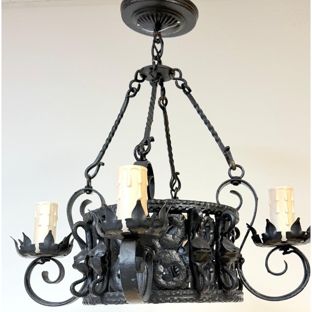 Addison Mizner Style Spanish Colonial Wrought Iron Four-Light Chandelier For Sale - Image 15 of 18