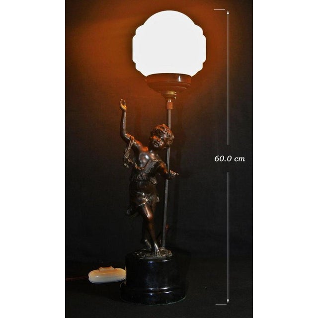 Art Deco Bronze Figural Lamp with Marbled Saturn Glass Shade, 1920 For Sale - Image 10 of 14