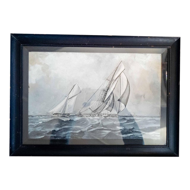 19th Century Oil Painting of America's Cup Yacht Race in Grisaille Palette For Sale