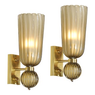 Pair of Modernist Hand-Blown Murano Fluted Glass Sconces in Frosted Smoked Topaz For Sale