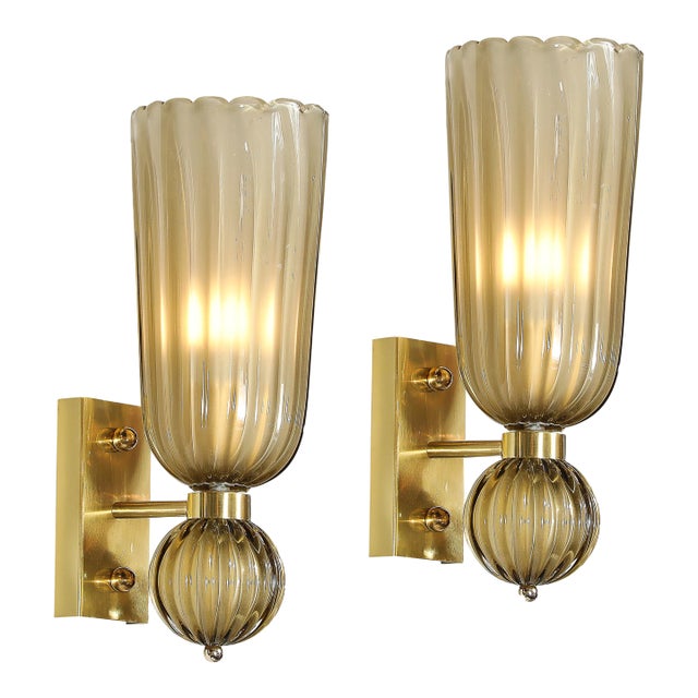 Pair of Modernist Hand-Blown Murano Fluted Glass Sconces in Frosted Smoked Topaz For Sale