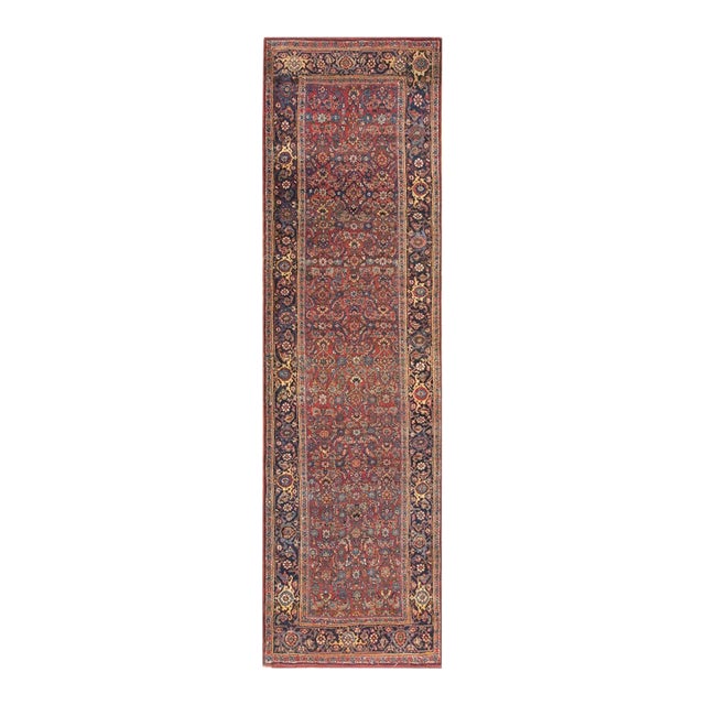 1890s Traditional Red Field Antique Shah Abbas Bidjar Hallway Runner Rug For Sale