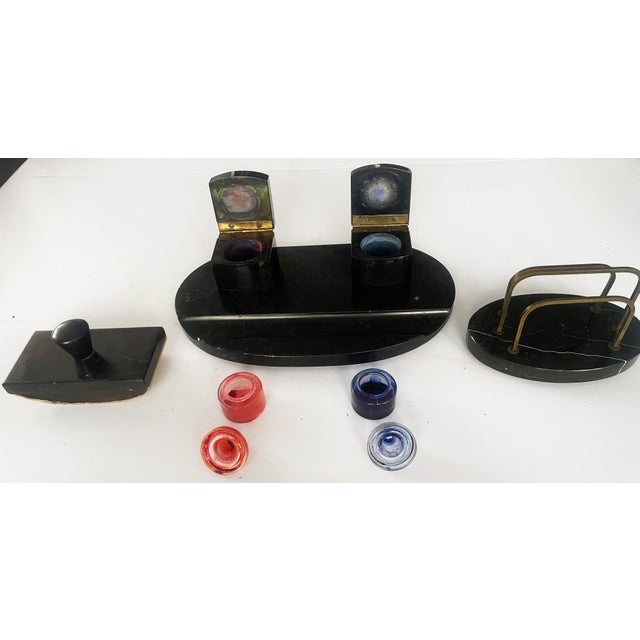 Metal Art Déco Office Desk Set in Black Marble, 1930s, Set of 7 For Sale - Image 7 of 18