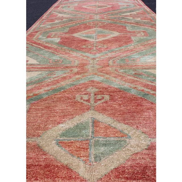 Mid 20th Century Vintage Turkish Oushak Runner With Coral Red, Soft Teal, and Warm Beige For Sale - Image 5 of 12