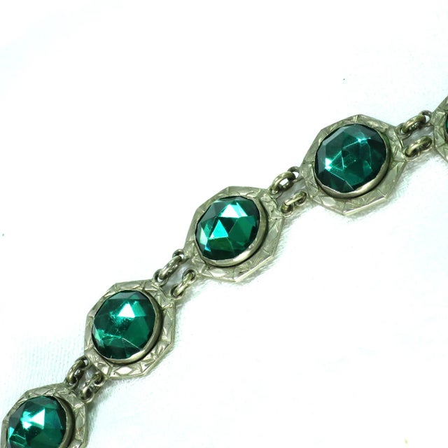 Metal Vintage 1920s Art Deco Emerald Vauxhall Glass Bracelet For Sale - Image 7 of 10