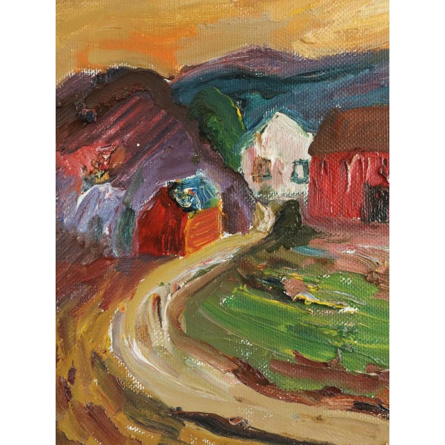 Orange Mid-Century Modern 'Crimson Barns at Dusk' Vintage Original Landscape Oil Painting, Framed For Sale - Image 8 of 11