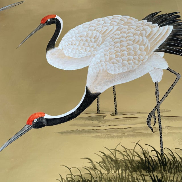Hand‑Painted Gold Leaf Crane Panoramic Mural Wall Panels For Sale - Image 4 of 8