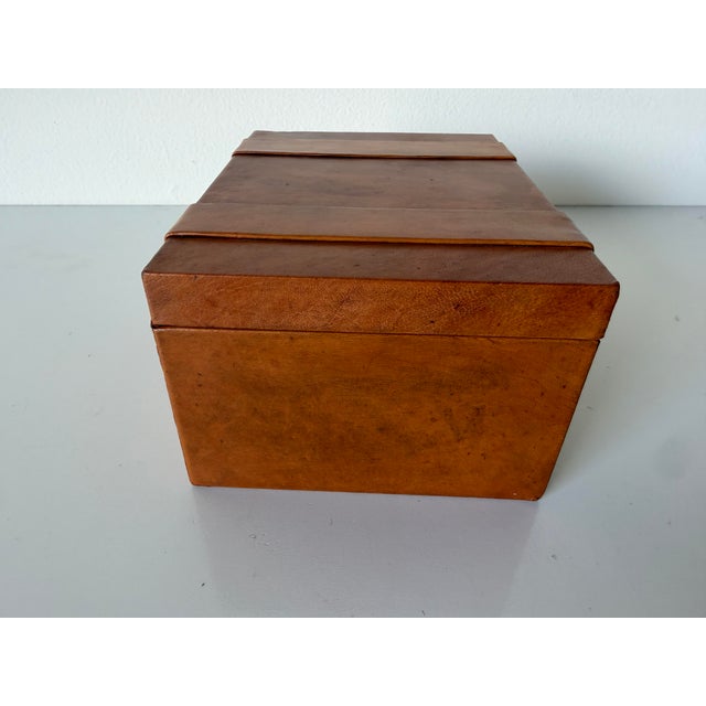 Vintage Brown Leather Decorative Box With Geometric Strap Detail For Sale - Image 10 of 12
