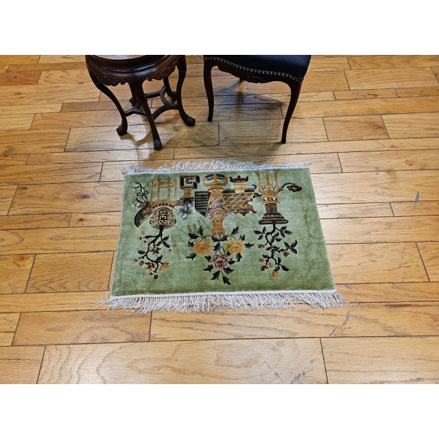 Pair of Vintage Chinese Art Deco Pictorial Rugs, Silk & Wool, Vase Motif, 2' x 3' For Sale - Image 12 of 12
