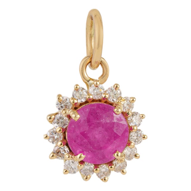 Vintage Inspired Sunburst Ruby & Diamond Halo Pendant in 14k Yellow Gold For Sale