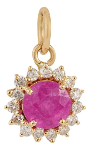Vintage Inspired Sunburst Ruby & Diamond Halo Pendant in 14k Yellow Gold