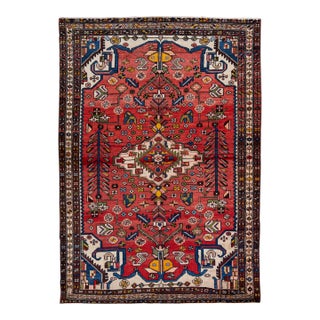 Vintage Handmade Persian Red Geometric Wool Rug 4'10" X 6'11" For Sale