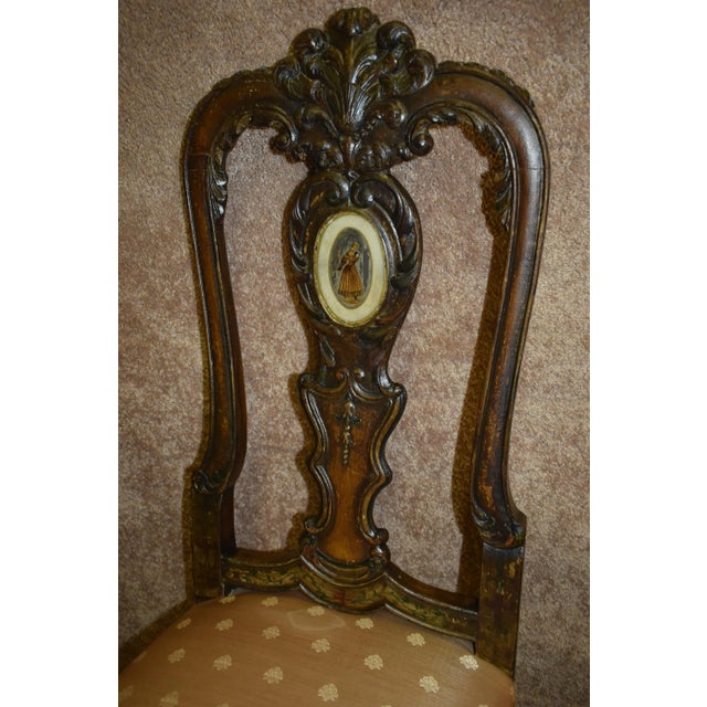 Early 20th Century Antique Walnut Dining Chairs Italian Venetian Reverse Painted Glass Pair 1910s For Sale - Image 5 of 12