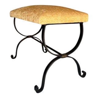Spanish Iron Bench in Gold Velvet For Sale