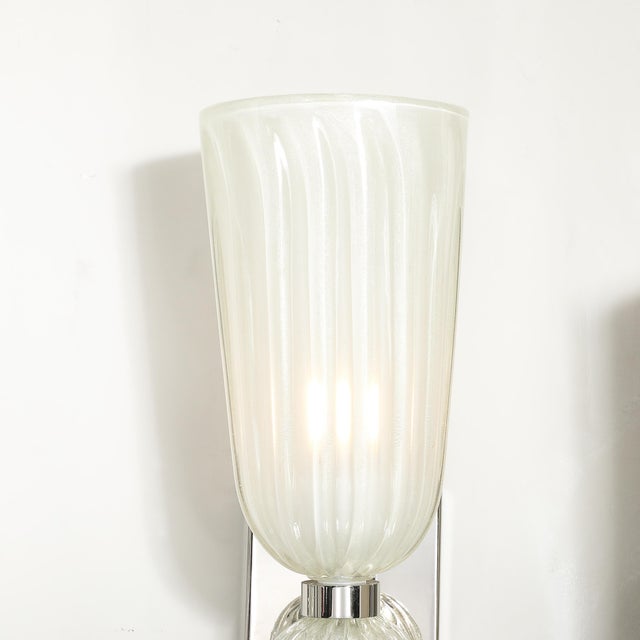 2020s Modernist Hand-Blown Fluted 24k White Gold Fleck Murano Glass & Nickel Sconces For Sale - Image 5 of 13